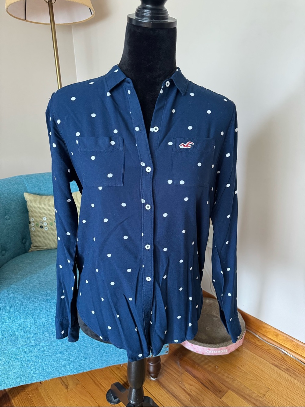 Hollister Navy Blue Polka Dot Button-Down Shirt